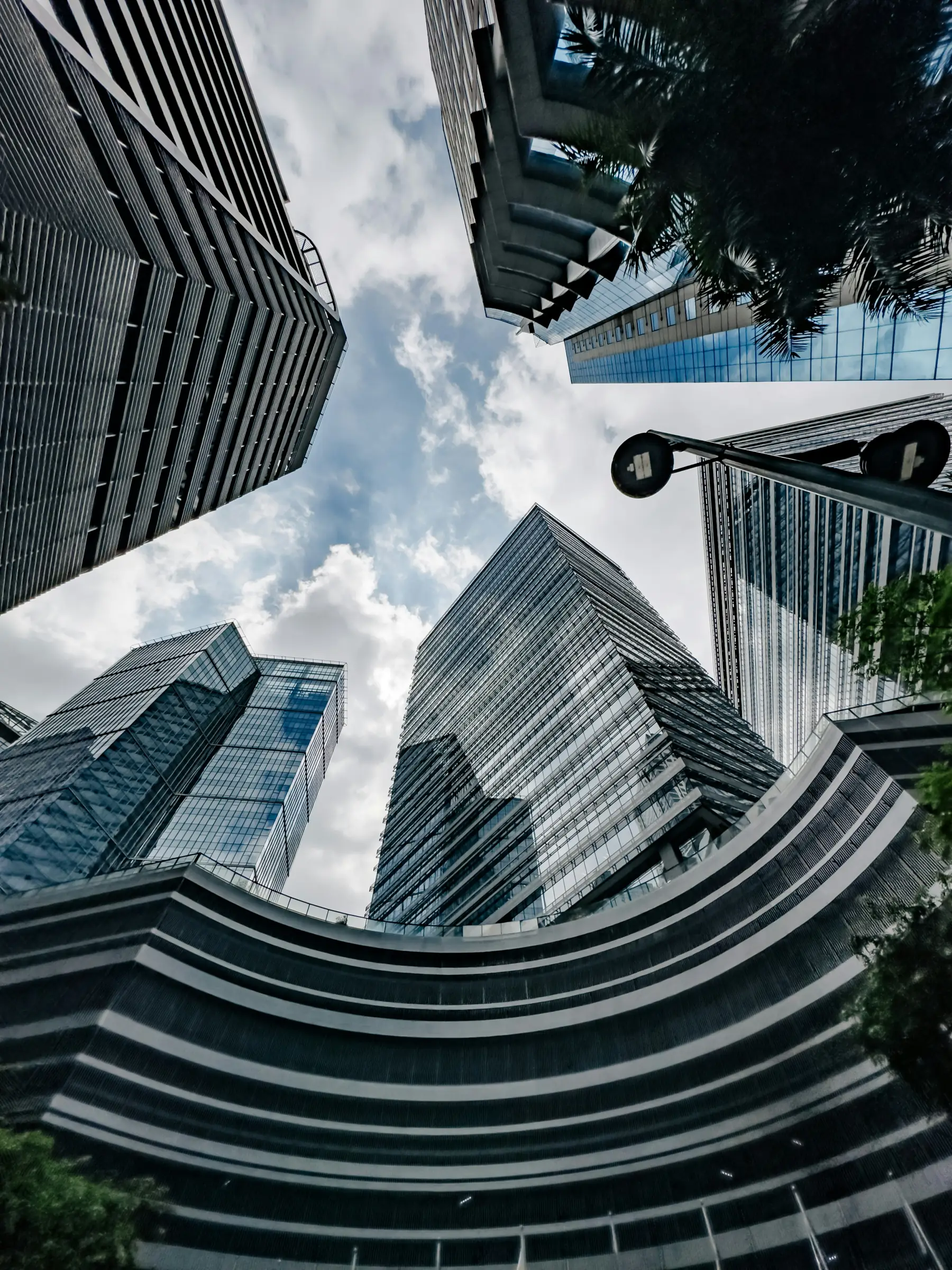 Upward view between modern office towers, palm trees, and a bright sky.